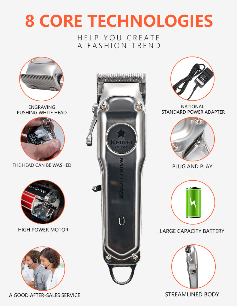 Kemei Rechargeable Electric Hair Clipper for Men — Professional Cordless Trimmer